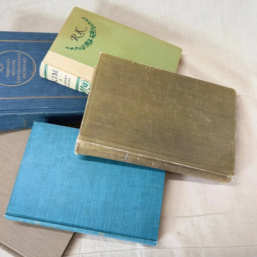 Vintage Blue and Neutral Decorative Book Bundle Set of 7 Hardcover Books Decor